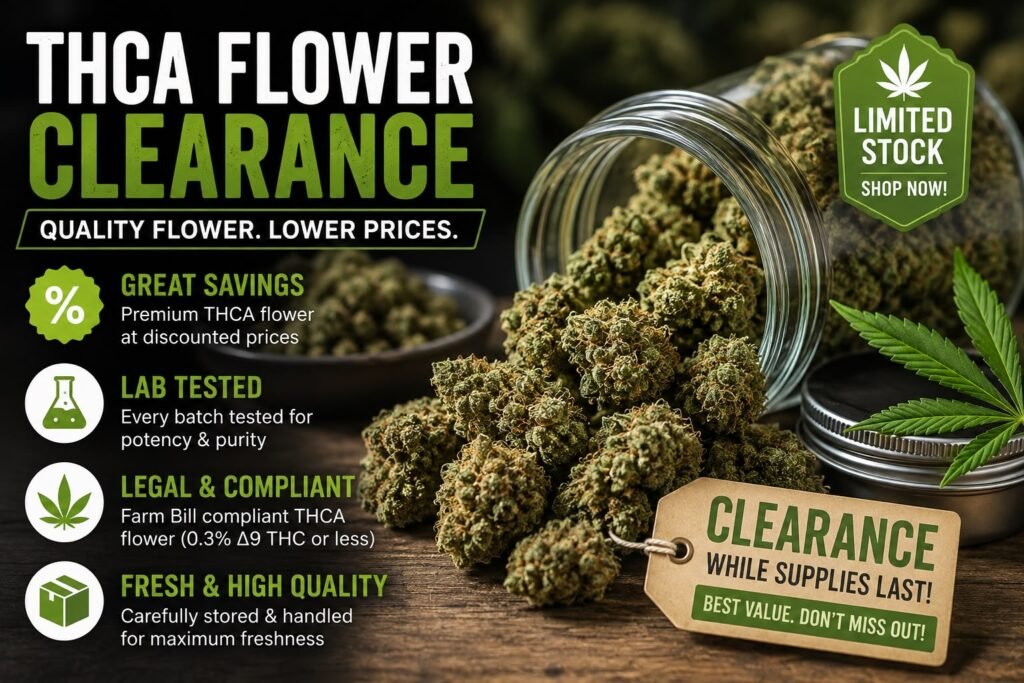 THCA flower clearance guide featuring cannabis flower, product testing and discounted inventory information.
