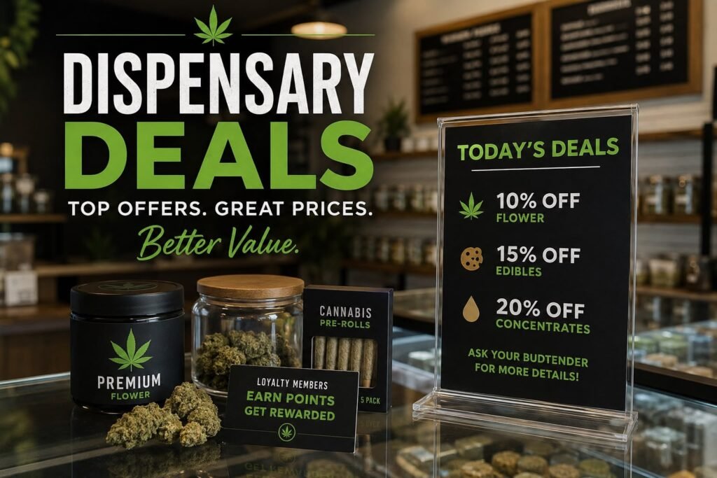 Dispensary deals and cannabis promotions featuring flower, pre-rolls, edibles, concentrates, and loyalty rewards.